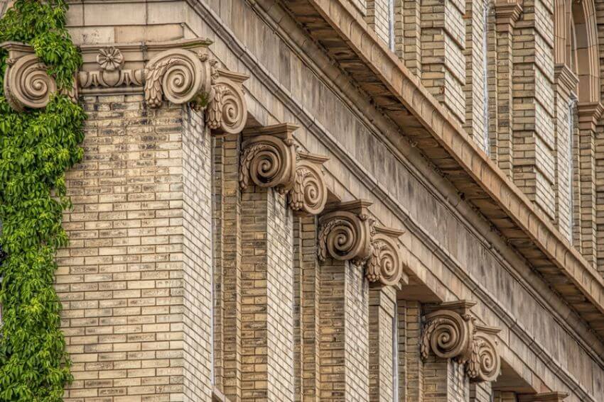 Architectural detail of the Elks Building at the corner of Pollock and Middle Streets