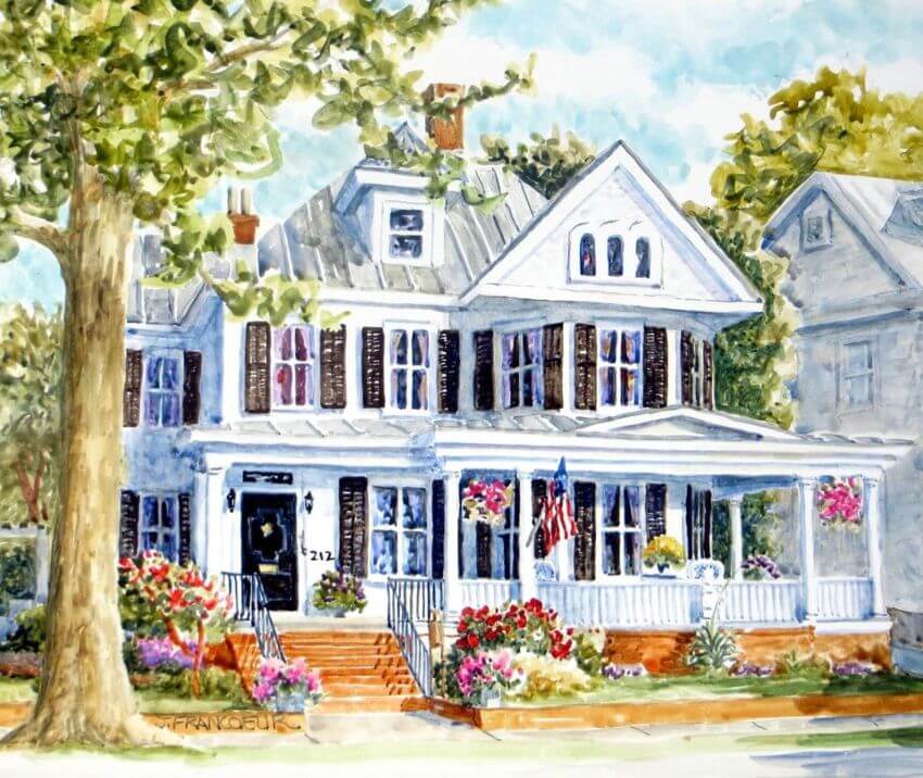 Watercolor painting of two story old home