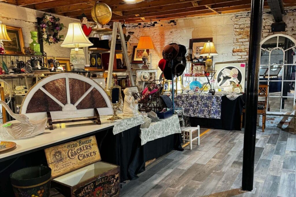 Antique jewelry and furniture on display