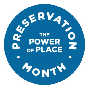 e circle logo with white lettering words Preservation Month, The Power of Place