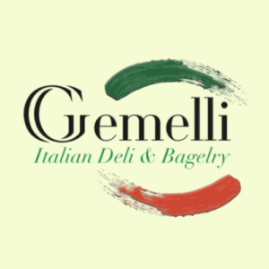 Red and green swirls and words in black Gemelli Italian Deli & Baglery