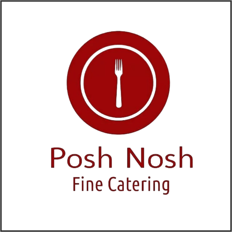 Red circle background with a white fork in the center, wording below it in red Post Nosh Fine Catering