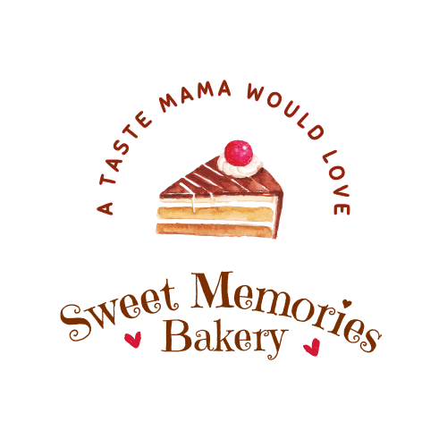 Logo with a slice of chocolate cake and words Sweet Memories Bakery