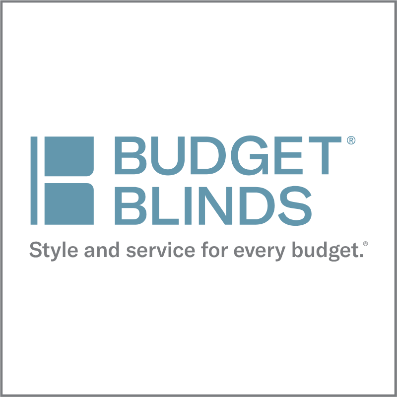 Medium blue words Budget Blinds, Style and service for every budget.