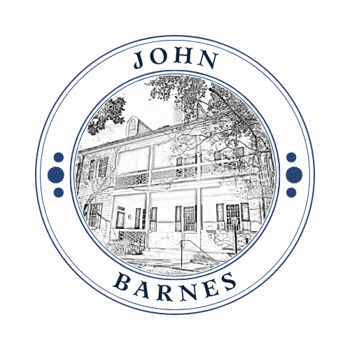 Circle logo with words John Barnes and sketch of an old house