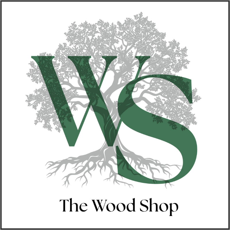 Gray scale tree in background and in green letters WS, The Wood Shop