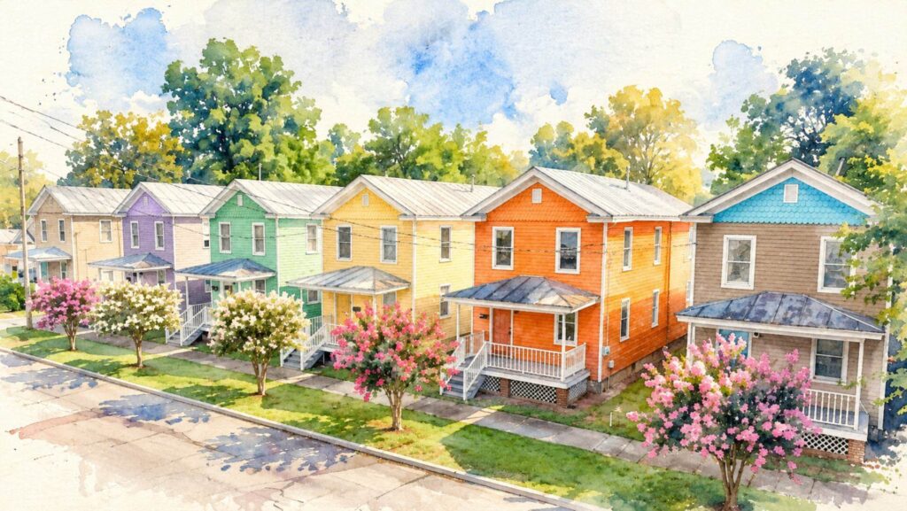 Watercolor image of 6 cottages