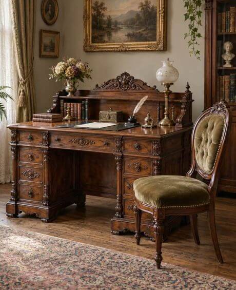 Antique Victorian desk and fabric chair on rug