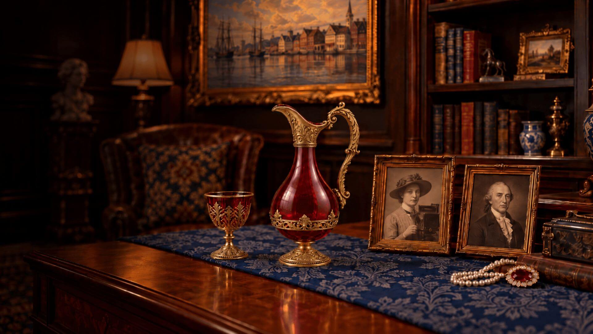 Gold and ruby decanter, framed photos on victorian desk