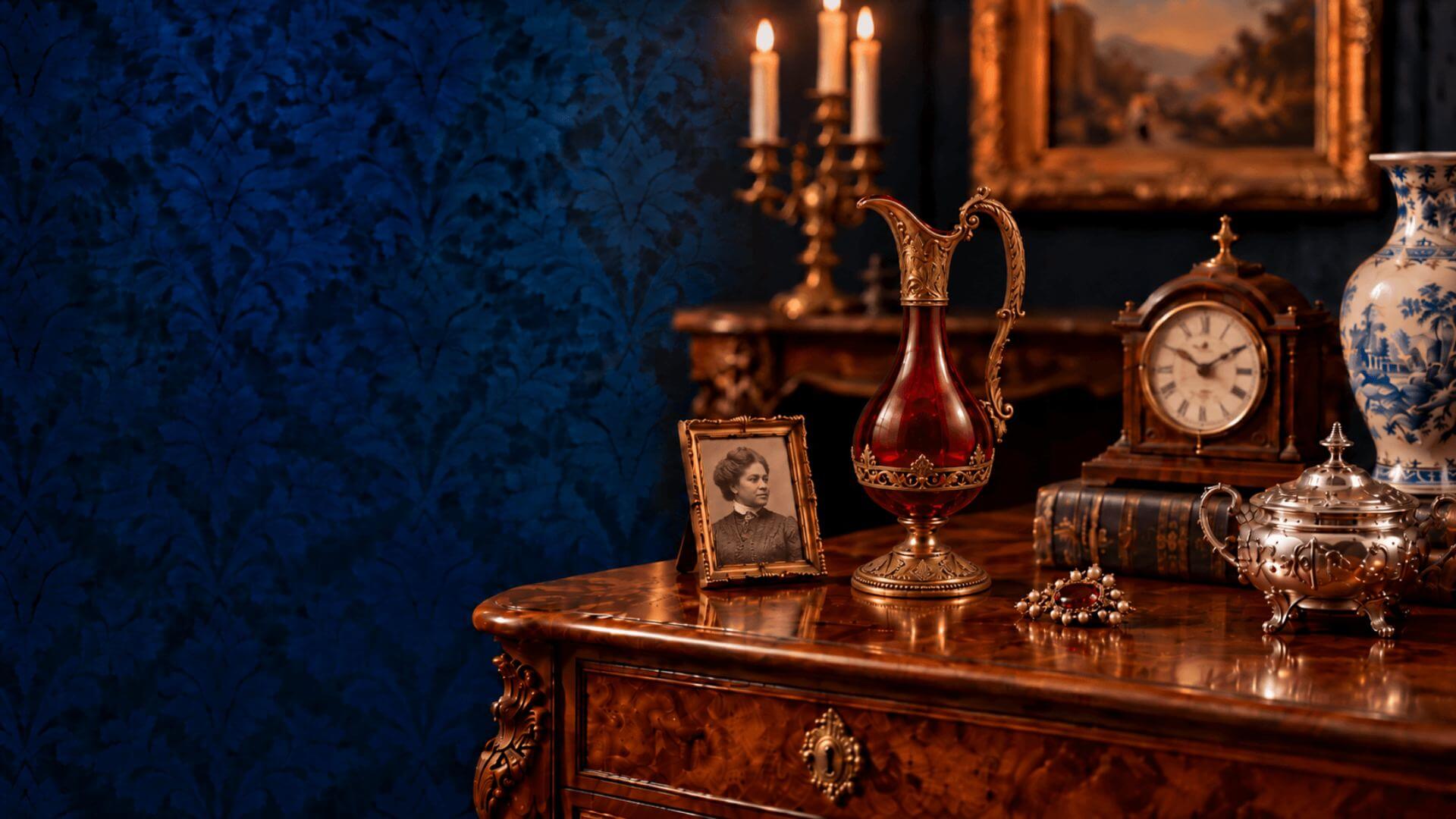 ruby and gold decanter, clock, silver, vases on antique desk