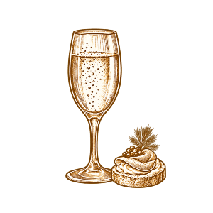 Gold champagne glass and hors d'oeurvres etched icon
