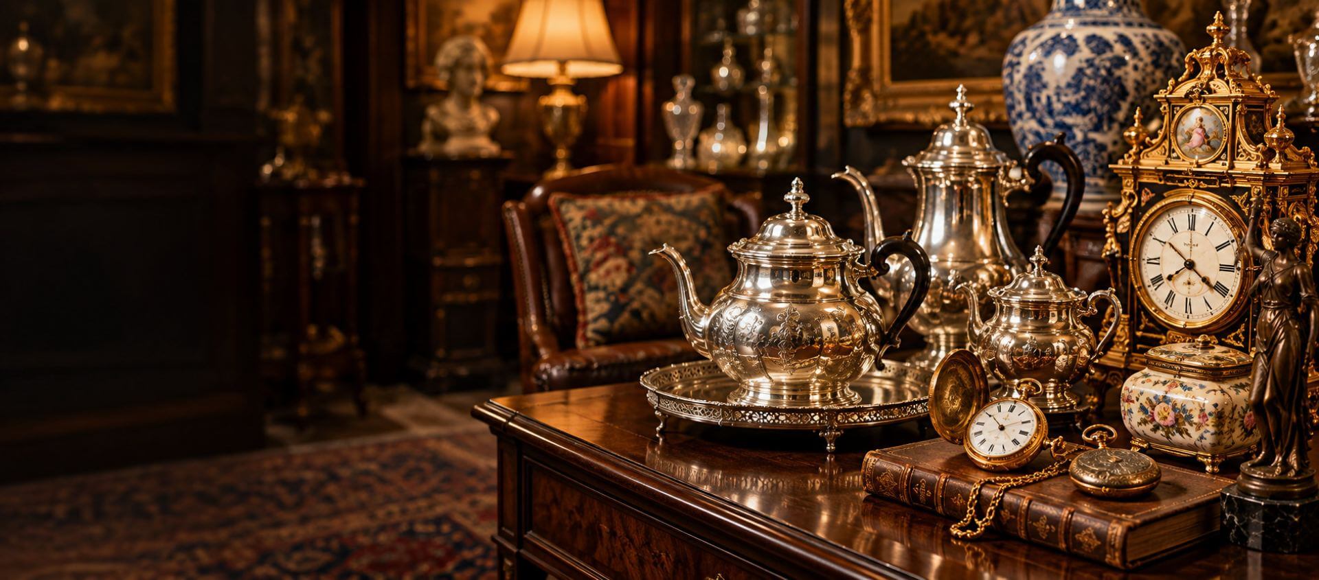 Antique clocks, silver, and more on antique desk
